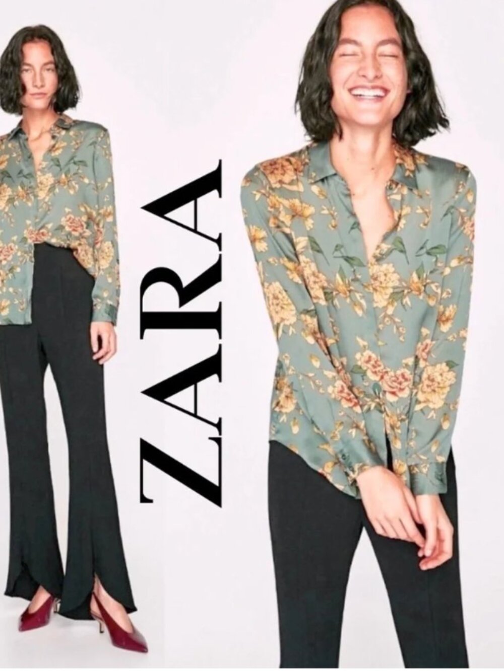 'Zara Basic' Crinkle Micro Pleat Floral Blouse XS